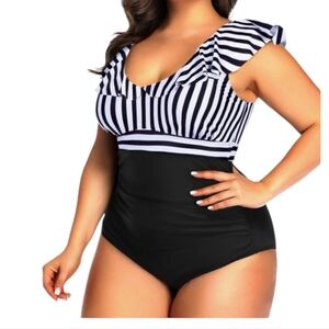 Daci. Women's One Piece Swimsuit. Black and White with Stripes. Size 16W. NWT.